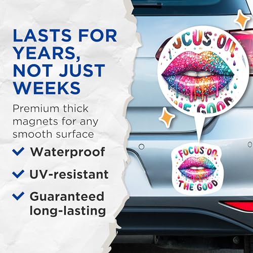 (2 Packs) Focus On The Good Magnets - Juicy Dripping Lips Inspirational Motivating Magnets - 5 Inches On Longest Side - Premium Magnet - for Fridges, Toolboxes, Cars - Made in USA - MAG2298
