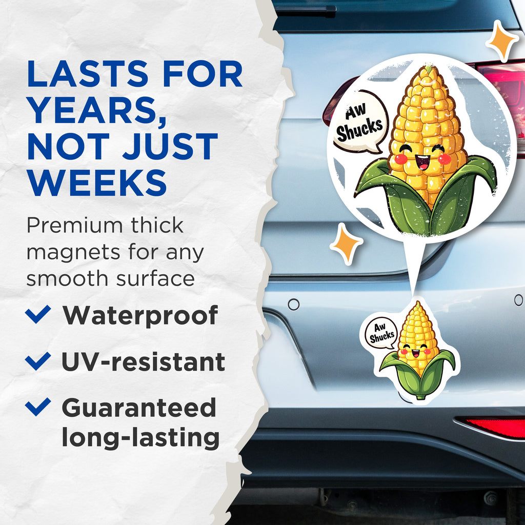 (2 Pack) Aw Shucks Corn Magnets - Kawaii Kitchen Decor - Punny Foodie Refrigerator Accessory - Funny Fridge Magnet - Cute Corn Art - 5" - Thick Durable Magnet - Made in USA - MAG39487