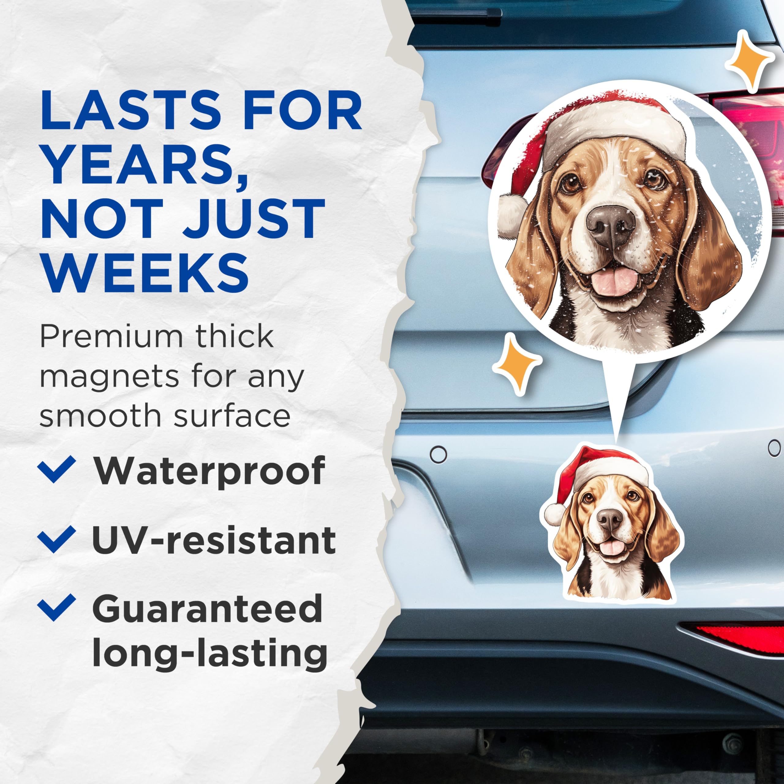 (2 Pack) Christmas Beagle Magnets - Santa Hat Dog Decor - Holiday Pet Lover Kitchen Refrigerator Magnets - 5 Inches On Longest Side - Thick Durable Magnet - Made in USA - MAG26386