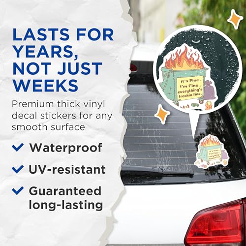 (2 Pack) Dumpster Fire Stickers - It's Fine I'm Fine - Everything's Freakin Fine Stickers - 5" On Longest Side - Sticks to Smooth Flat Surfaces - Made in USA - BMCS5882