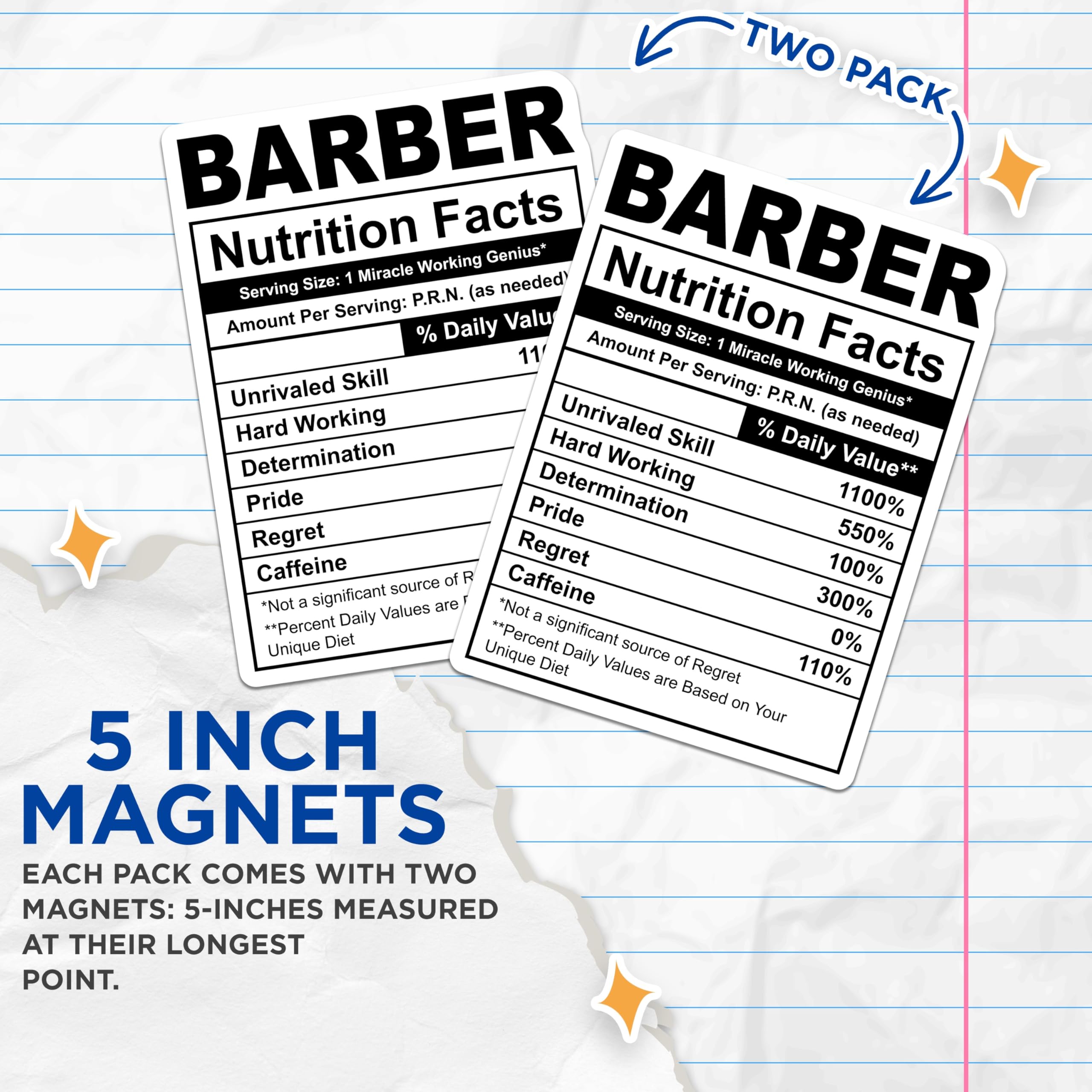 (2 Pack) Barber Nutrition Facts Magnets - Funny Barber Shop Magnet - Hairdresser Magnet - 5" On Longest Side - Premium Magnet - for Cars, Refrigerators, Toolboxes, Lockers - Made in USA - MAG16240