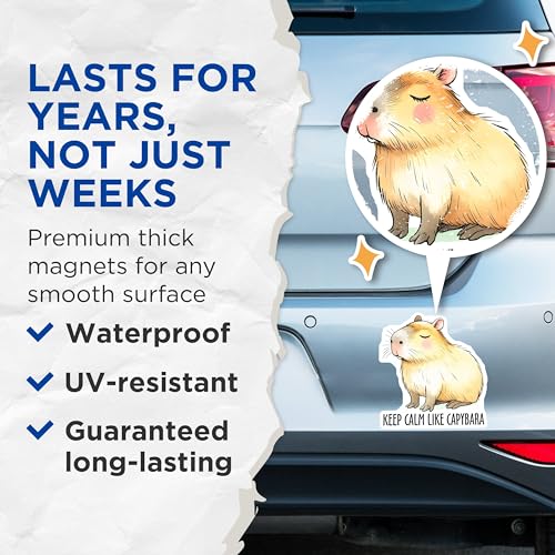 (2 Pack) Keep Calm Like Capybara Magnets - Cute Capybara Art Magnets - Motivational Animal Magnets - 5" On Longest Side - for Cars, Refrigerators, Toolboxes, Lockers - Made in USA BMCS3259