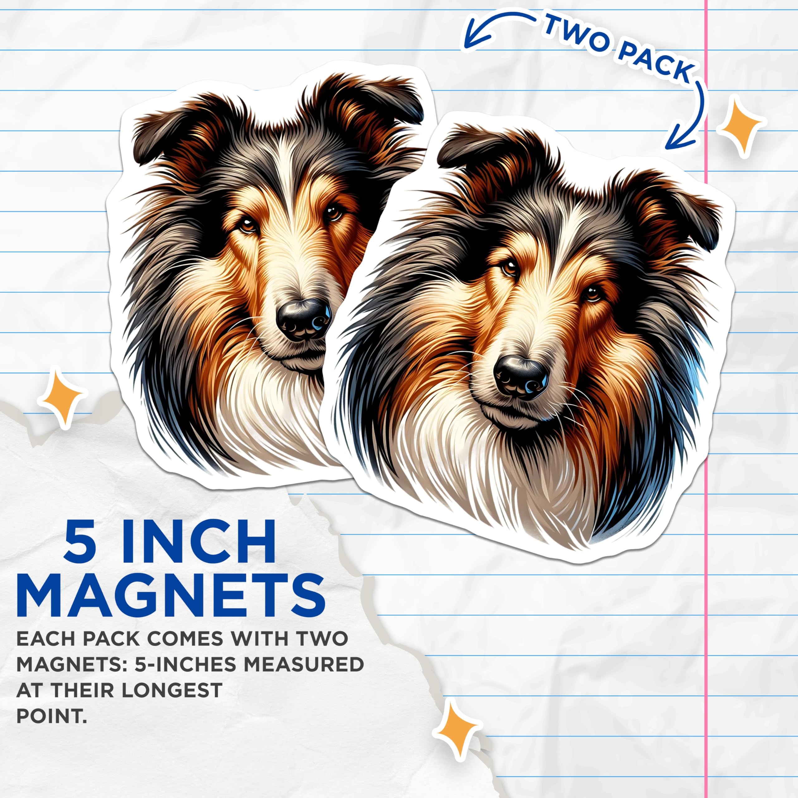 (2 Pack) Collie Dog Magnets - Rough Collie Art - Refrigerator Magnets - 5" On Longest Side - Premium Magnet - for Cars, Refrigerators, Toolboxes, Lockers - Made in USA - MAG15748