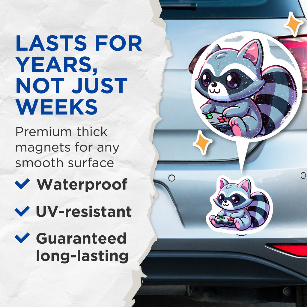 (2 Pack) Adorable Raccoon Gamer Magnets - Kawaii Animal Gaming Decor - Video Game Console Art for Fridge Locker Game Room - 5 Inches On Longest Side - Thick Durable Magnet - Made in USA - MAG37454