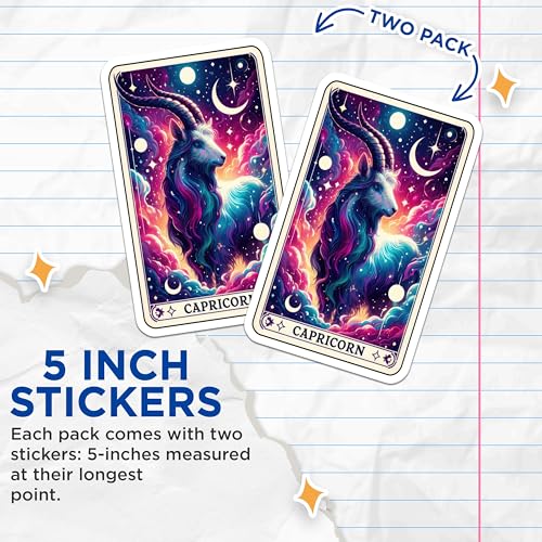 (2 Pack) Capricorn Zodiac Stickers - Astrology Art Stickers - Star Sign Capricorn Decals - 5" On Longest Side - Sticks to Smooth Flat Surfaces - Made in USA - BMCS4804