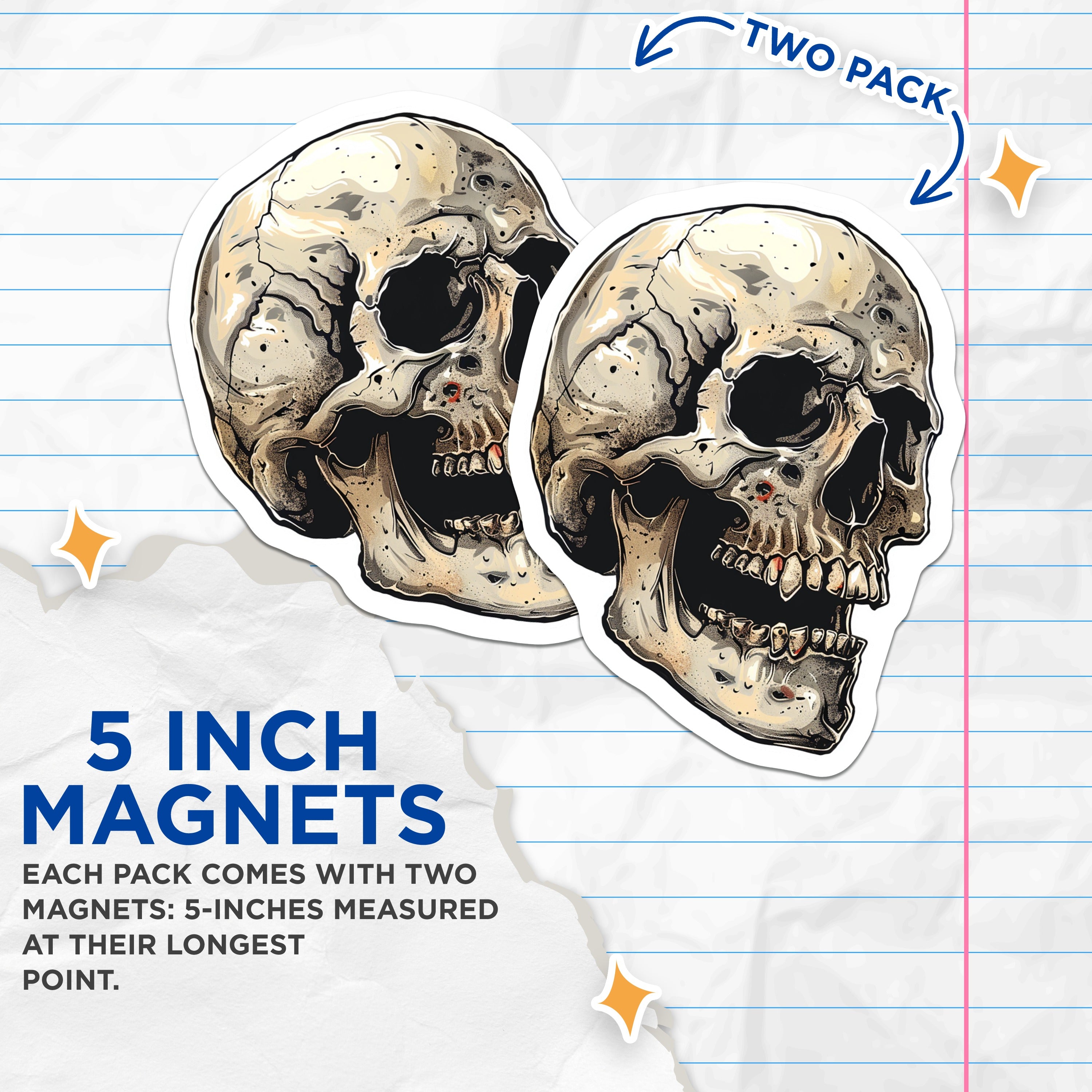 (2 Pack) Gothic Skull Magnets - Macabre Skeleton Decor - Edgy Halloween Refrigerator Decor for Dark Aesthetic Lovers - 5 Inches On Longest Side - Thick Durable Magnet - Made in USA - MAG39479