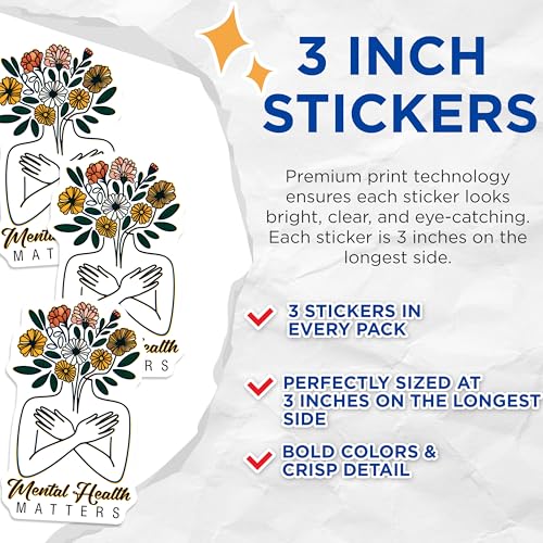(3 Pack) Mental Health Matters Decals - Floral Mind - Positive Affirmation Stickers - 3 Inches On Longest Side - Easy Peel & Apply - Made in USA - 3MCS7006
