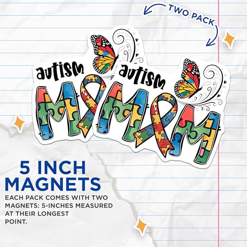 (2 Pack) Autism Awareness Magnets Magnets - Mom Puzzle Piece - Colorful Butterfly - 5" On Longest Side - Made in USA - Sticks to Refrigerators & Metal Surfaces - MAG8435