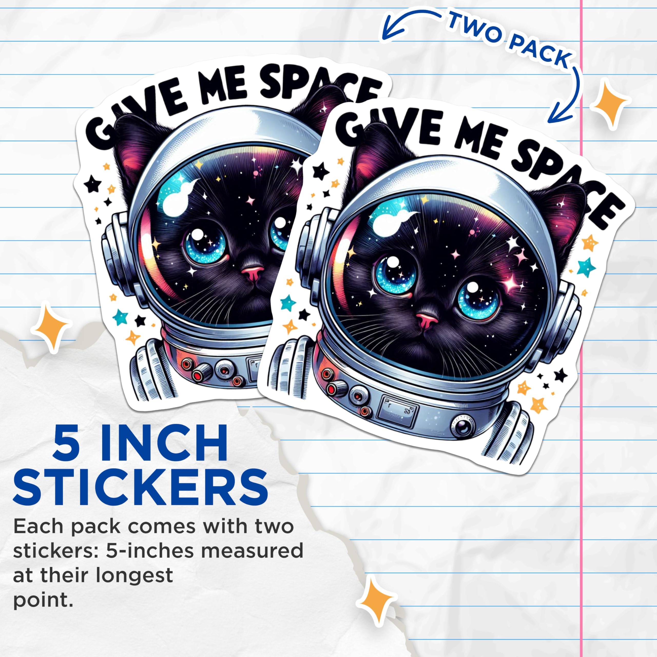(2 Pack) Space Cat Stickers - Cute Astronaut Cat Stickers - Give Me Space Cat Decals for Laptop and Water Bottle - 5" On Longest Side - Sticks to Smooth Flat Surfaces - Made in USA - BMCS4584