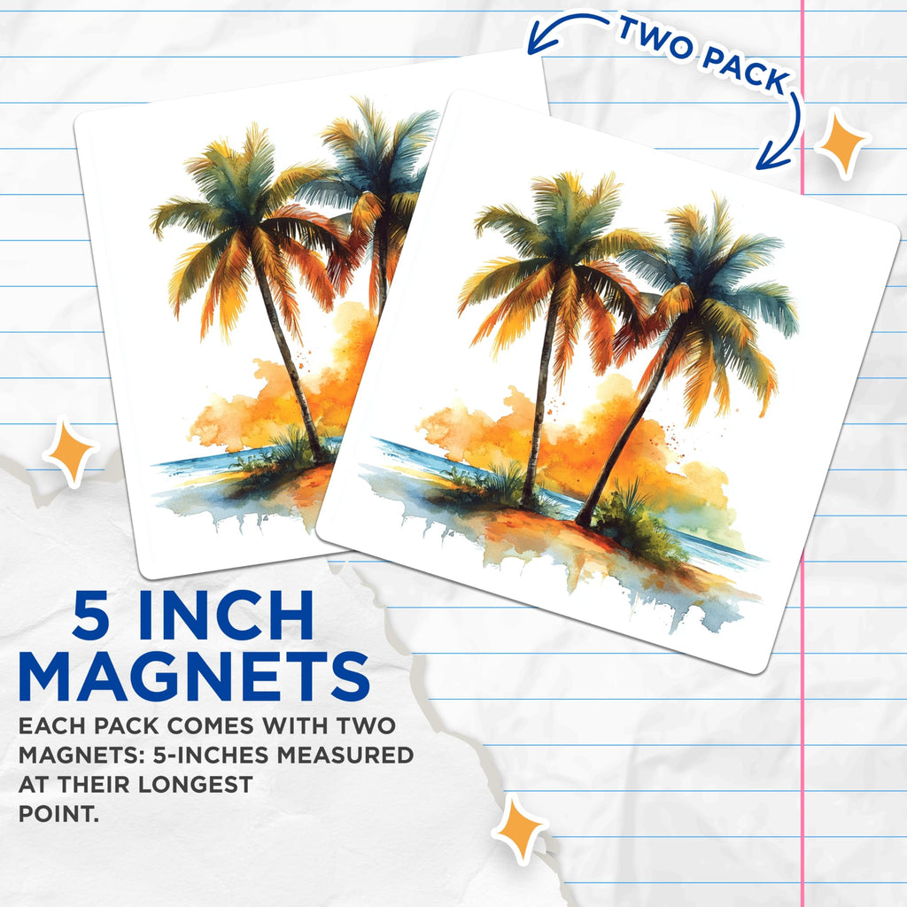 (2 Pack) Watercolor Palm Trees Magnets - Tropical Beach Art - Sunset Ocean Scene - 5 Inches On Longest Side - Thick Durable Magnet - Made in USA - MAG26066