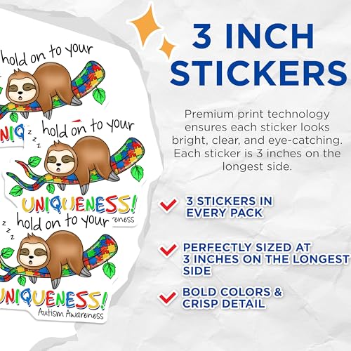 (3 Pack) Autism Awareness Decals - Sloth Uniqueness - Laptop Car Bumper Decals - 3 Inches On Longest Side - Easy Peel & Apply - Made in USA - 3MCS7979