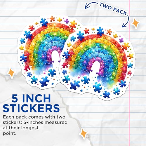 (2 Pack) Rainbow Puzzle Stickers - Colorful Jigsaw Puzzle - Vibrant Rainbow Design - 5" On Longest Side - Sticks to Smooth Flat Surfaces - Made in USA - BMCS7899