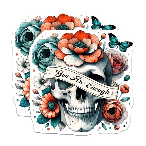 (2 Pack) You are Enough Skull Stickers - Floral Skull Art - Motivational Butterfly - 5" On Longest Side - Sticks to Smooth Flat Surfaces - Made in USA - BMCS7386