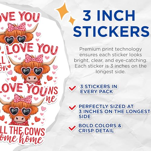 (3 Pack) Highland Cow Love Decals - Valentine's Day Stickers - Cute Animal Laptop Decals - 3 Inches On Longest Side - Easy Peel & Apply - Made in USA - 3MCS1744