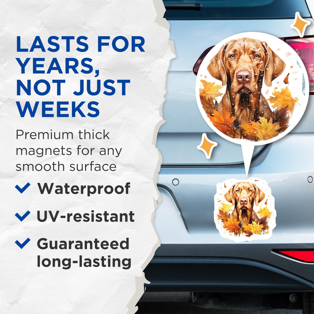 (2 Pack) Autumn Vizsla Dog Magnets - Fall Leaves Pet Lover - Rustic Refrigerator Decor - 5 Inches On Longest Side - Thick Durable Magnet - Made in USA - MAG29540