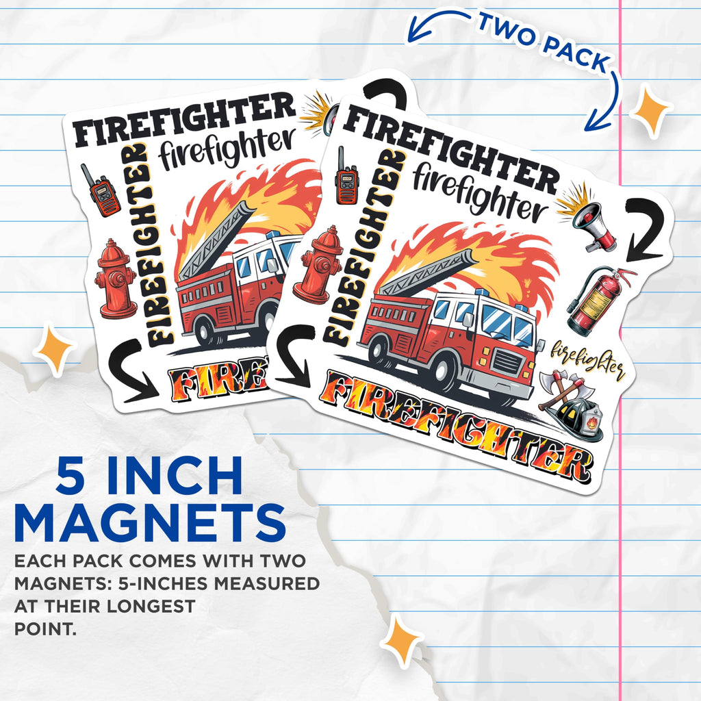 (2 Pack) Firefighter Magnets - Firetruck Decor - Fireman Memorabilia Refrigerator - 5" On Longest Side - Sticks to Smooth Flat Surfaces - Made in USA - MAG10606