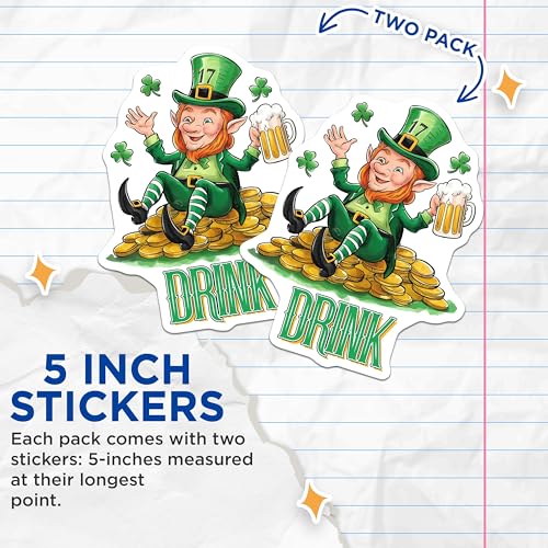 (2 Pack) Leprechaun Beer Stickers - St. Patrick's Day - Lucky Shamrock - 5" On Longest Side - Sticks to Smooth Flat Surfaces - Made in USA - BMCS8400