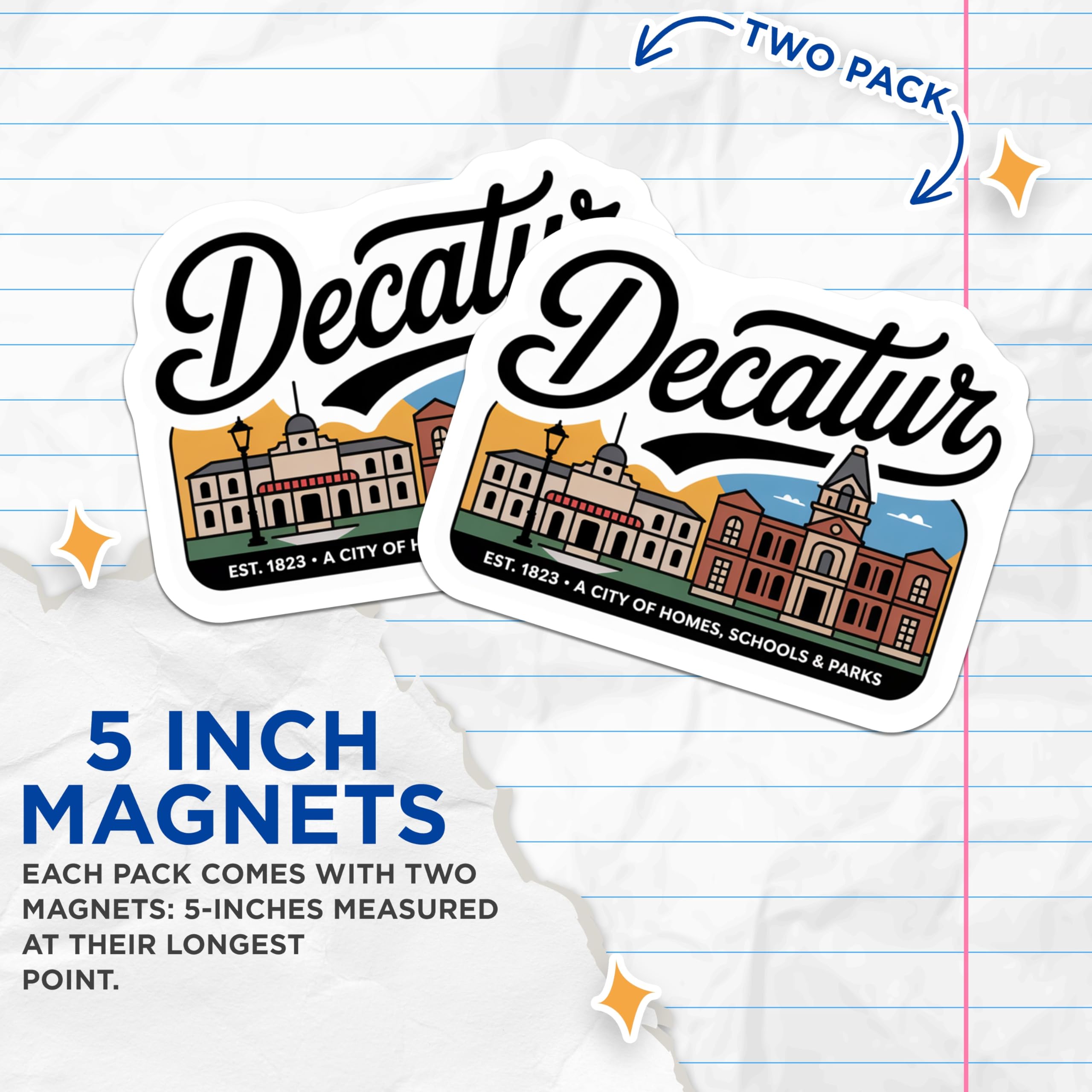 (2 Pack) Decatur Georgia Magnets - City Landmark Souvenir - Fridge Collection - 5" On Longest Side - Premium Magnet - for Cars, Refrigerators, Toolboxes, Lockers - Made in USA - MAG17715