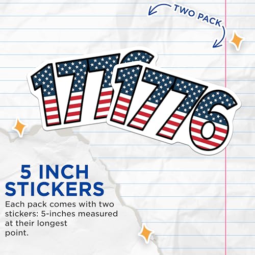 (2 Pack) Patriotic 1776 Stickers - American Flag Stickers - Independence Day Decor - July 4th Celebration Decals - 5" On Longest Side - Sticks to Smooth Flat Surfaces - Made in USA - BMCS3883