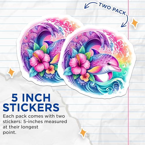 (2 Pack) Dolphin Mandala Stickers - Hibiscus Flower Stickers - Colorful Ocean Wave Decal - 5" On Longest Side - Sticks to Smooth Flat Surfaces - Made in USA - BMCS9483