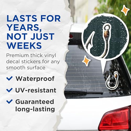 (2 Pack) Fishing Hook Stickers - Angler Decal - Fishing Enthusiast Decals - 5" On Longest Side - Sticks to Smooth Flat Surfaces - Made in USA - BMCS6627