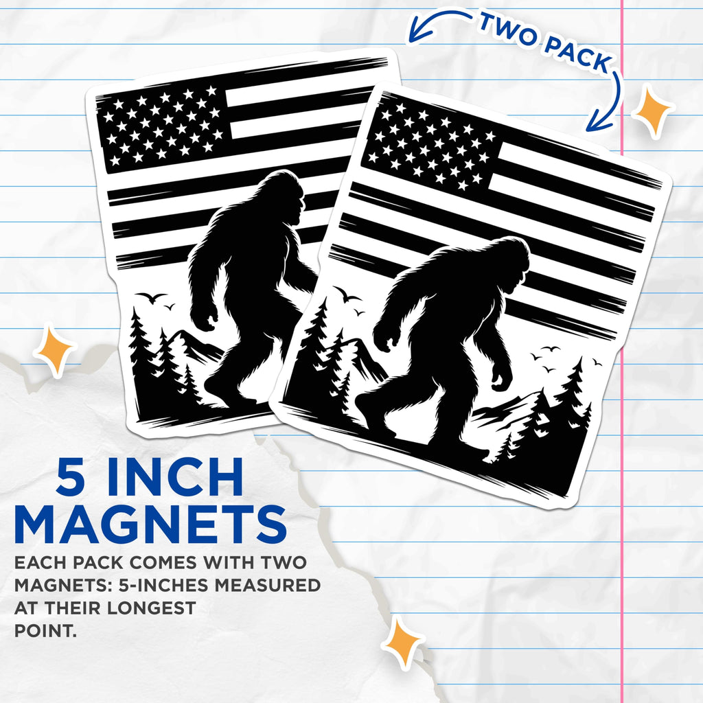 (2 Pack) Bigfoot American Flag Magnets - Sasquatch Mountain Decor - Patriotic Wilderness Collection - 5 Inches On Longest Side - Thick Durable Magnet - Made in USA - MAG21008