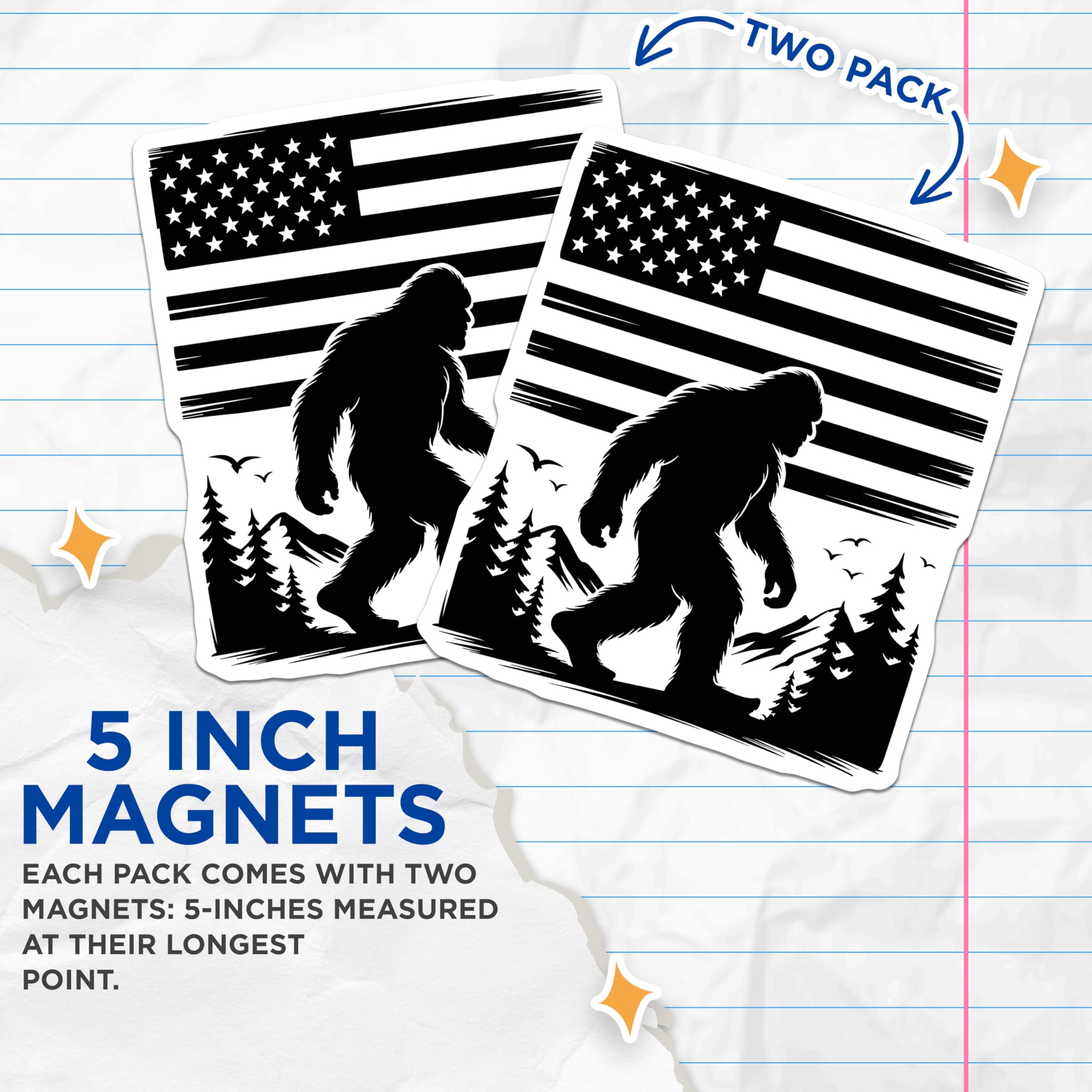 (2 Pack) Bigfoot American Flag Magnets - Sasquatch Mountain Decor - Patriotic Wilderness Collection - 5 Inches On Longest Side - Thick Durable Magnet - Made in USA - MAG21008