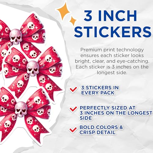 (3 Pack) Skull Bow Decals - Spooky Cute Decal - Laptop Decals - 3 Inches On Longest Side - Easy Peel & Apply - Made in USA - 3MCS2342