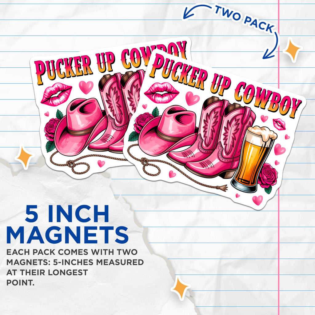 (2 Pack) Pucker Up Cowboy Magnets - Pink Cowgirl Boots - Nashville Bachelorette Party Decor - 5 Inches On Longest Side - Thick Durable Magnet - Made in USA - MAG28926