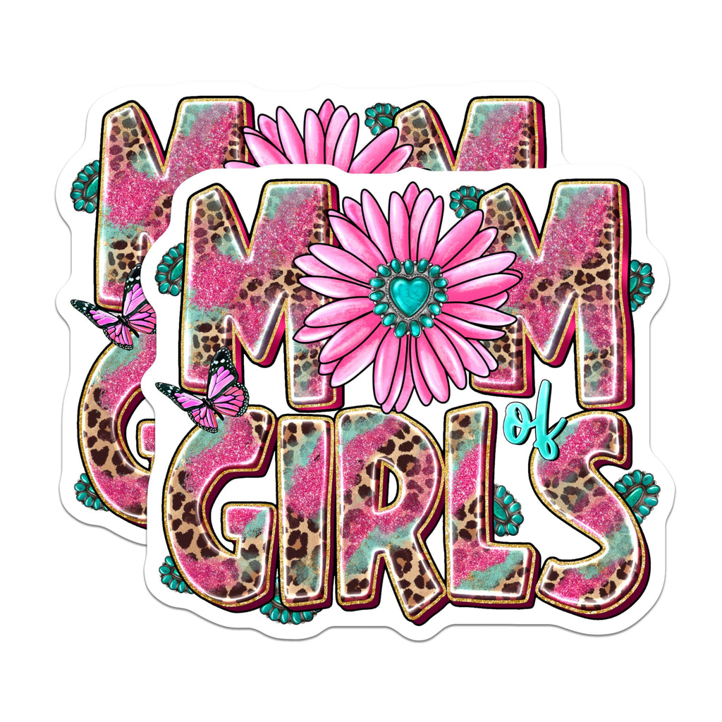 (2 Pack) Mom of Girls Magnets - Leopard Print Pink Turquoise - Mothers Day Refrigerator Decor - 5 Inches On Longest Side - Thick Durable Magnet - Made in USA - MAG29977