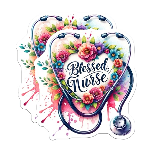 (2 Pack) Blessed Nurse Stickers - Flower Nursing Stickers - Heart Stethoscope Nurse Decals - 5" On Longest Side - Sticks to Smooth Flat Surfaces - Made in USA - BMCS6974