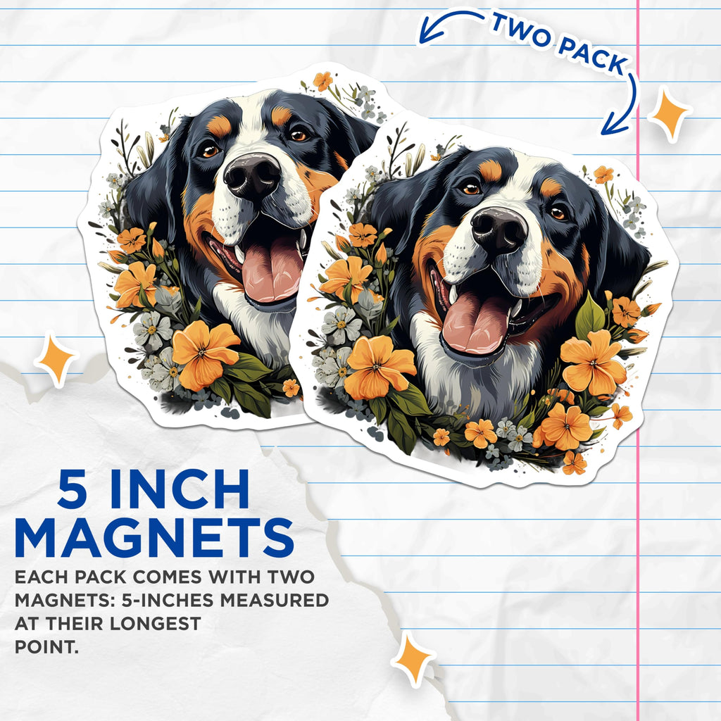 (2 Pack) Bernese Mountain Dog Magnets - Happy Berner Dog Mom Accessories - Floral Pet Owner Kitchen Decor - 5 Inches On Longest Side - Thick Durable Magnet - Made in USA - MAG29850