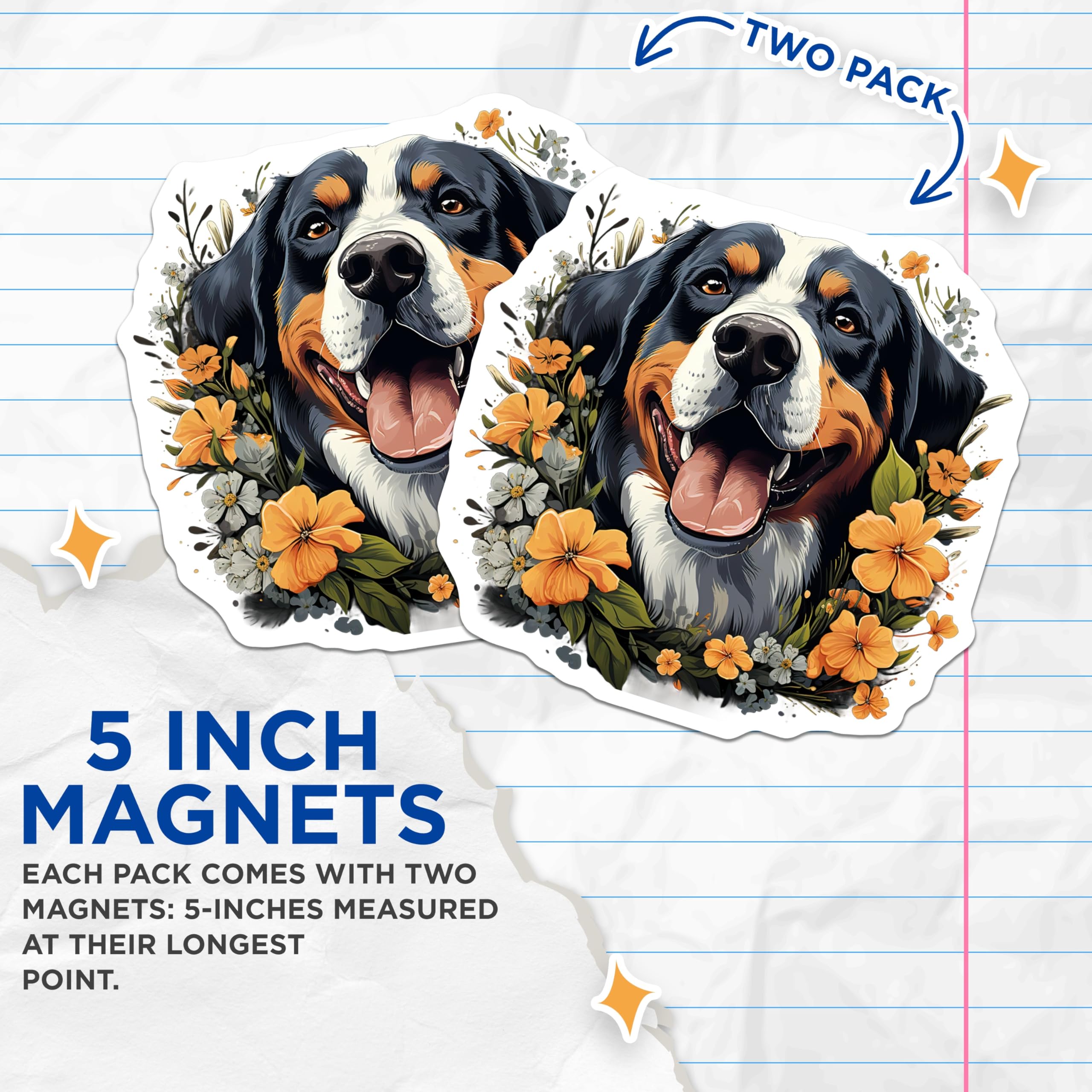 (2 Pack) Bernese Mountain Dog Magnets - Happy Berner Dog Mom Accessories - Floral Pet Owner Kitchen Decor - 5 Inches On Longest Side - Thick Durable Magnet - Made in USA - MAG29850