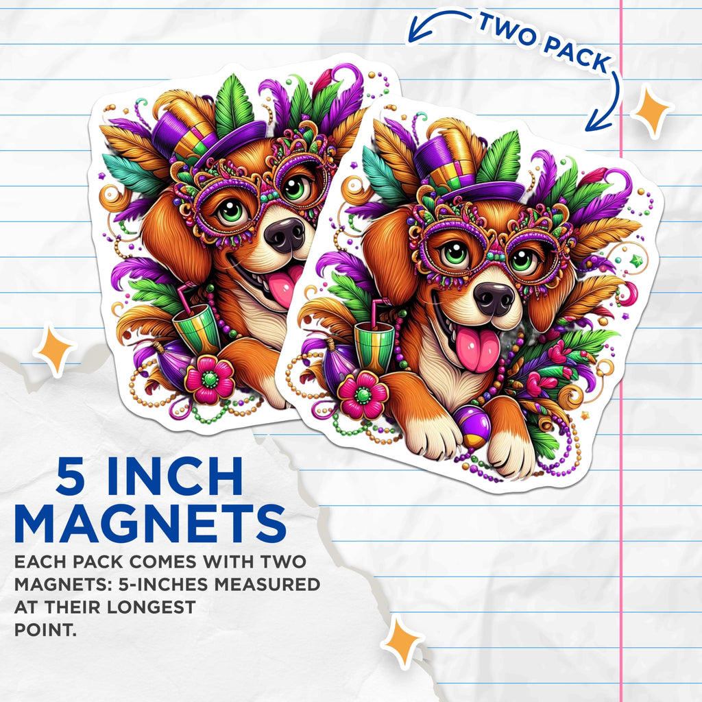 (2 Pack) Mardi Gras Dog Magnets - Party Celebration Magnets - Festive Home Decor - 5" On Longest Side - Premium Magnet - for Cars, Refrigerators, Toolboxes, Lockers - Made in USA - MAG16174
