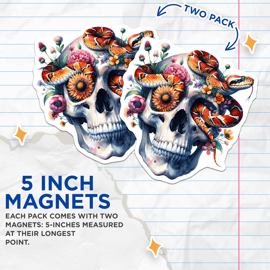 (2 Pack) Floral Skull Snake Magnets - Gothic Art Decor - Refrigerator Magnets - 5 Inches On Longest Side - Thick Durable Magnet - Made in USA - MAG21434