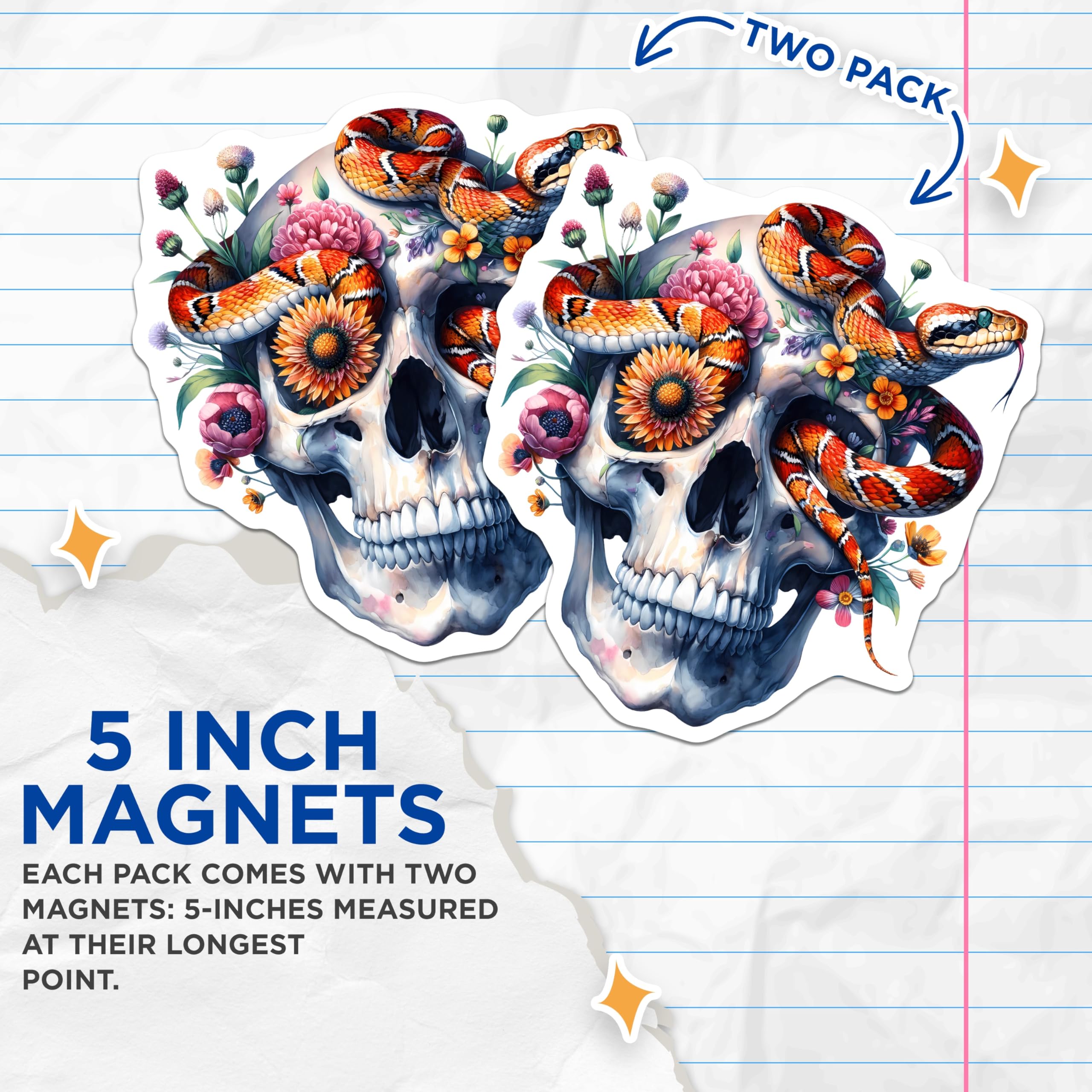 (2 Pack) Floral Skull Snake Magnets - Gothic Art Decor - Refrigerator Magnets - 5 Inches On Longest Side - Thick Durable Magnet - Made in USA - MAG21434