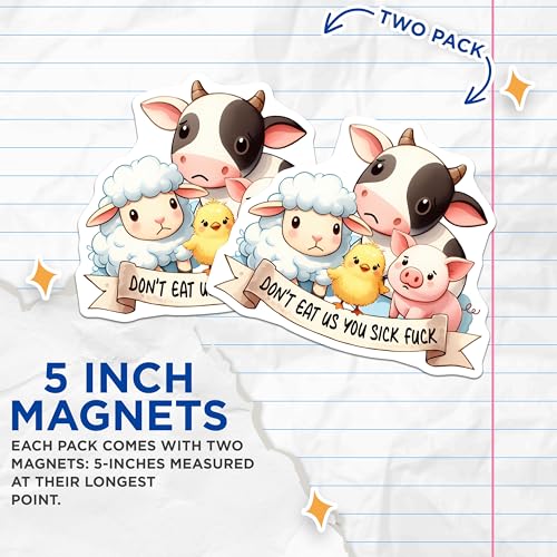 (2 Pack) Farm Animals Magnet - Vegan Lifestyle Decor - Cute Animal Sticker - 5" On Longest Side - Sticks to Smooth Flat Surfaces - Made in USA - MAG9684