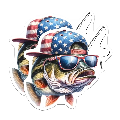 (2 Pack) Cool Fish Stickers - Funny Fishing Decal - Patriotic Fish Sunglasses Cap - 5" On Longest Side - Sticks to Smooth Flat Surfaces - Made in USA - BMCS8591