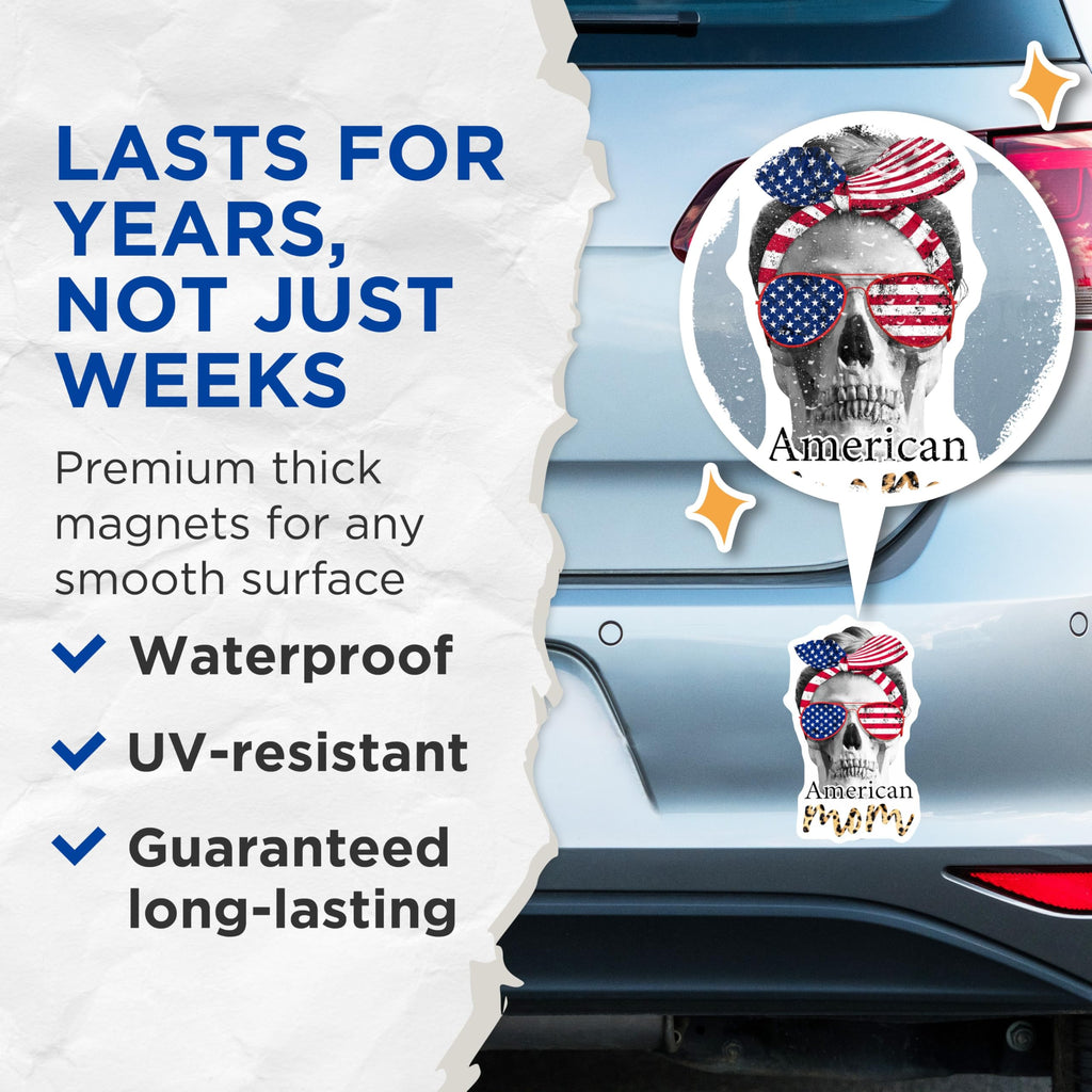 (2 Pack) American Mom Magnets - Skull Design - Patriotic Refrigerator Magnets - 5" On Longest Side - Premium Magnet - for Cars, Refrigerators, Toolboxes, Lockers - Made in USA - MAG18018