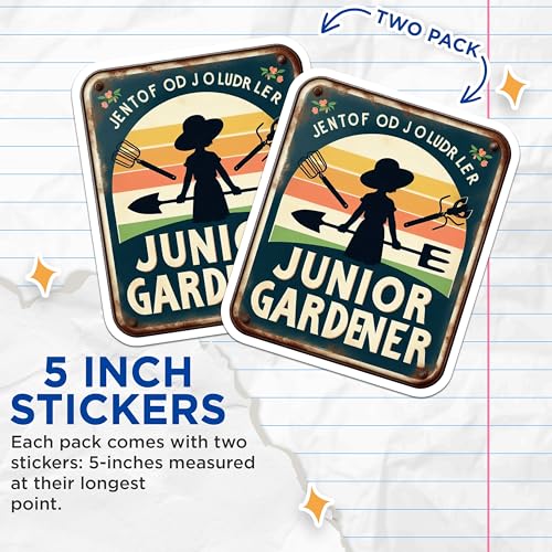 (2 Pack) Junior Gardener Stickers - Cute Gardening Stickers - Kids Gardening Decals - 5" On Longest Side - Sticks to Smooth Flat Surfaces - Made in USA - BMCS6435