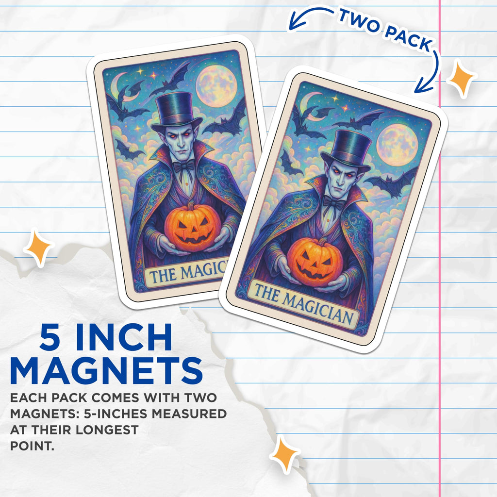 (2 Pack) Vampire Magician Tarot Magnets - Halloween Jack O Lantern Art - Spooky Gothic Decor - 5 Inches On Longest Side - Thick Durable Magnet - Made in USA - MAG20854
