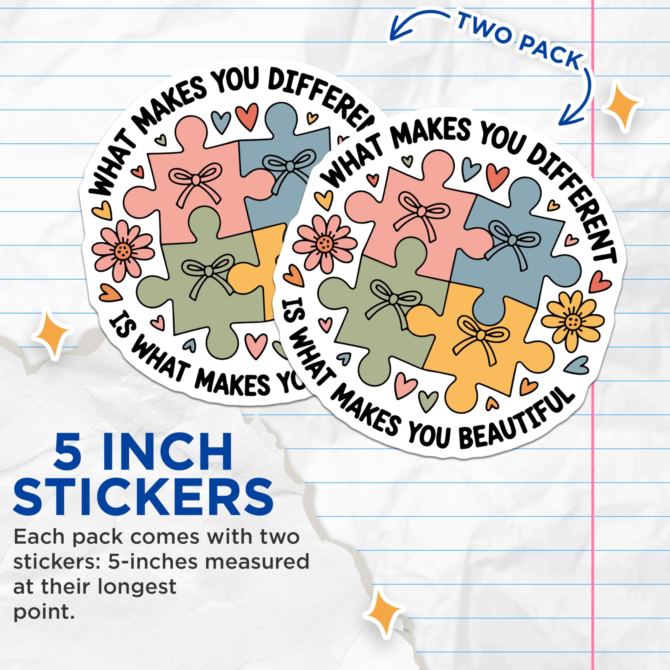 (2 Pack) Autism Acceptance Stickers - Different is Beautiful - Neurodiversity Art Decals - 5" On Longest Side - Sticks to Smooth Flat Surfaces - Made in USA - BMCS20452