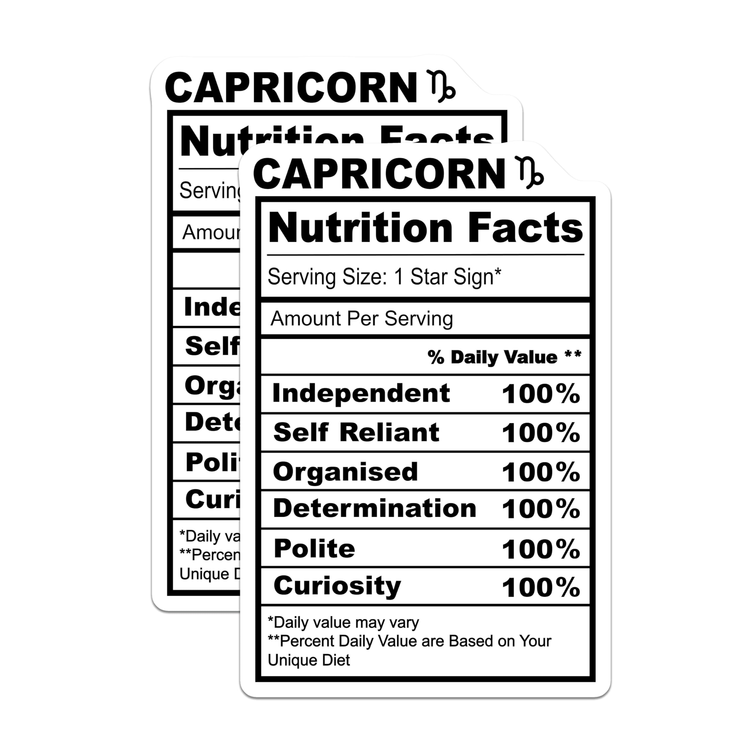 (2 Pack) Capricorn Zodiac Stickers - Nutrition Facts - Horoscope Star Sign- 5" On Longest Side - Sticks to Smooth Flat Surfaces - Made in USA - BMCS16331