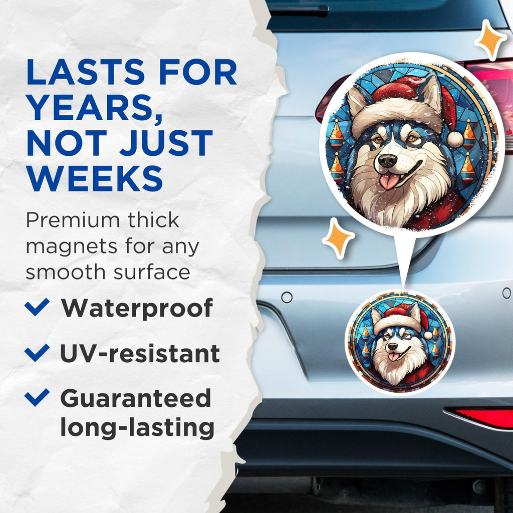 (2 Pack) Husky Magnets - Stained Glass Christmas Dog - Winter Holiday Decor - 5 Inches On Longest Side - Thick Durable Magnet - Made in USA - MAG23816
