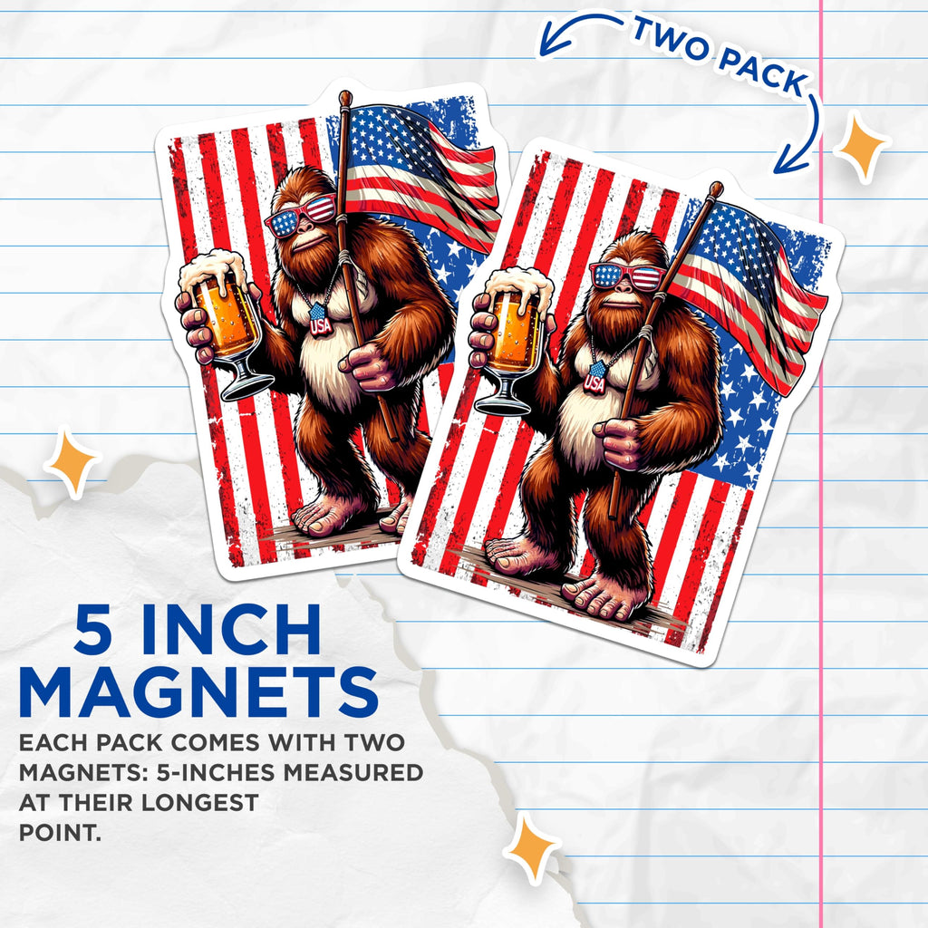 (2 Pack) Bigfoot American Flag Magnets - Patriotic Sasquatch Beer Drinker - Funny USA Refrigerator and Locker Decor - 5 Inches On Longest Side - Thick Durable Magnet - Made in USA - MAG22778