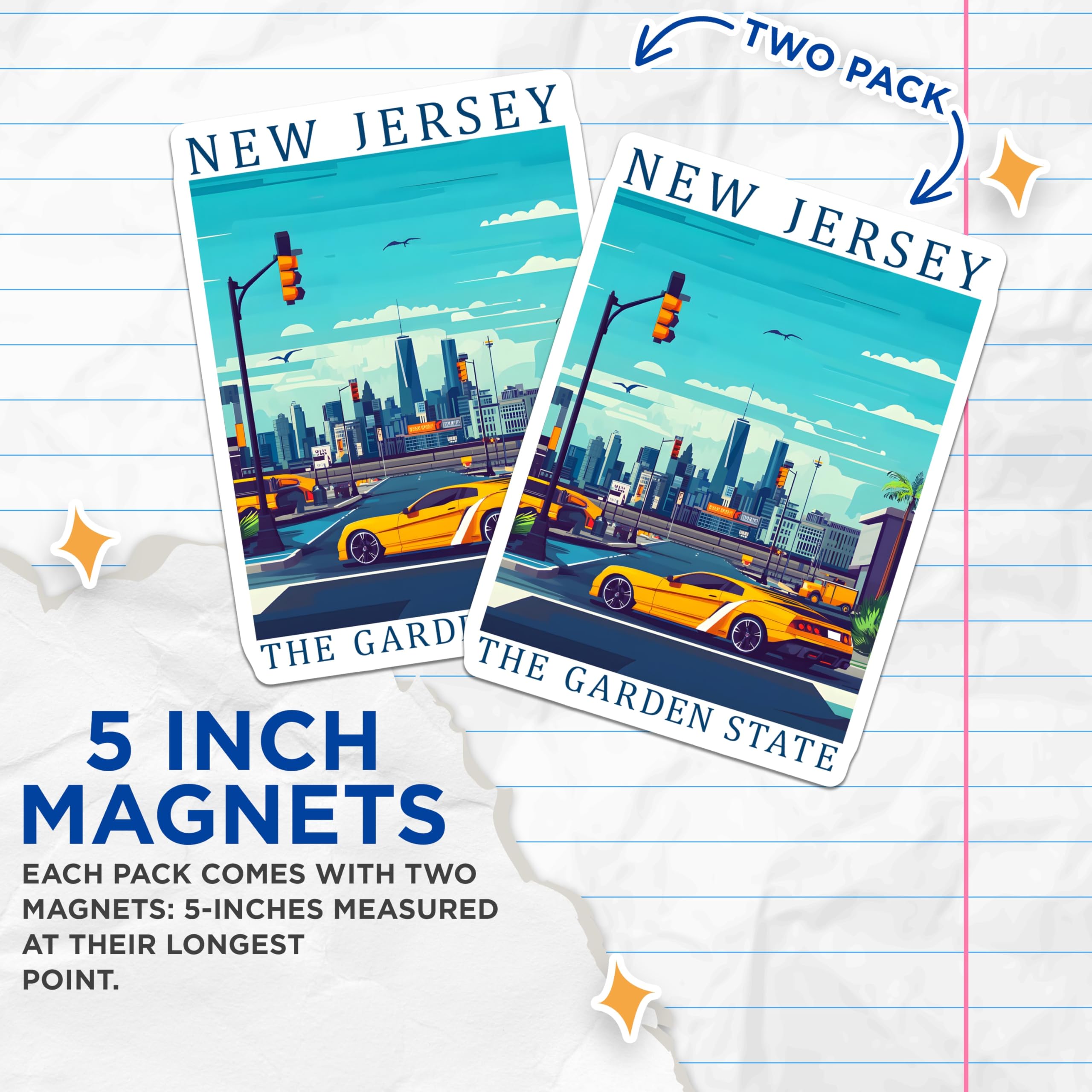 (2 Pack) New Jersey Magnets - Garden State Art - Cityscape Fridge Magnets - 5" On Longest Side - Premium Magnet - for Cars, Refrigerators, Toolboxes, Lockers - Made in USA - MAG17516