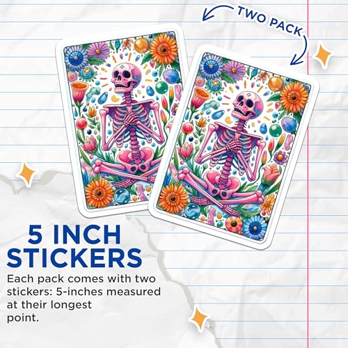 (2 Pack) Colorful Skeleton Meditation Stickers - Boho Skull Art - Floral Cosmic Stickers - 5" On Longest Side - Sticks to Smooth Flat Surfaces - Made in USA - BMCS9418