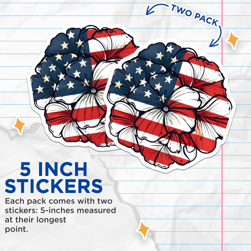 (2 Pack) American Flag Flower Stickers - USA Pride - 5" On Longest Side - Sticks to Smooth Flat Surfaces - Made in USA - BMCS8995 - BMCS8995