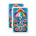 (2 Pack) Skeleton Under Umbrella Stickers - Colorful Flower Skeleton Art - Rainy Day Spring Decor - 5" On Longest Side - Sticks to Smooth Flat Surfaces - Made in USA - BMCS9403