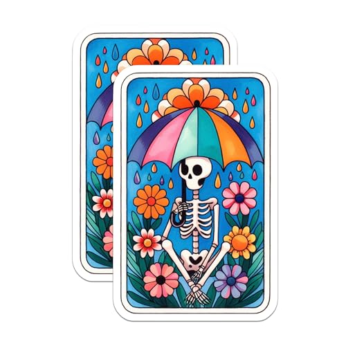 (2 Pack) Skeleton Under Umbrella Stickers - Colorful Flower Skeleton Art - Rainy Day Spring Decor - 5" On Longest Side - Sticks to Smooth Flat Surfaces - Made in USA - BMCS9403